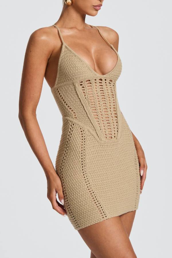 V-Neck Cutout Knit Lace-Up Bodycon Mini Dress