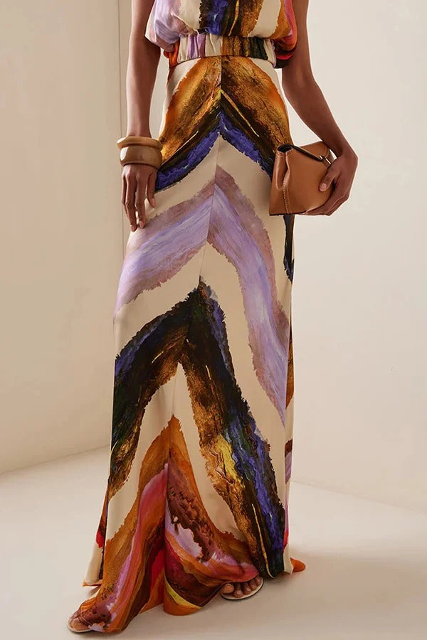 Unique Print Sleeveless Stretch Stand Collar Top and Elegant Maxi Skirt Set