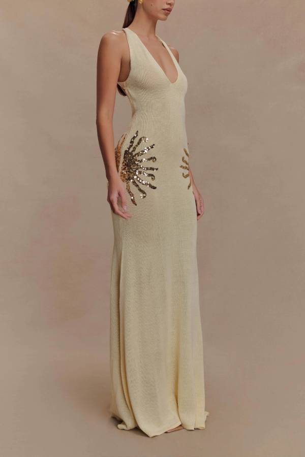 Sparkling Nights Knit Sunburst Sequin Detail Back Cross Straps Stretch Maxi Dress