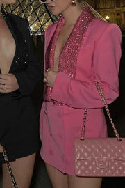 DEEP V NECK RHINESTONE DOUBLE BREASTED LONG SLEEVE BLAZER MINI DRESSES