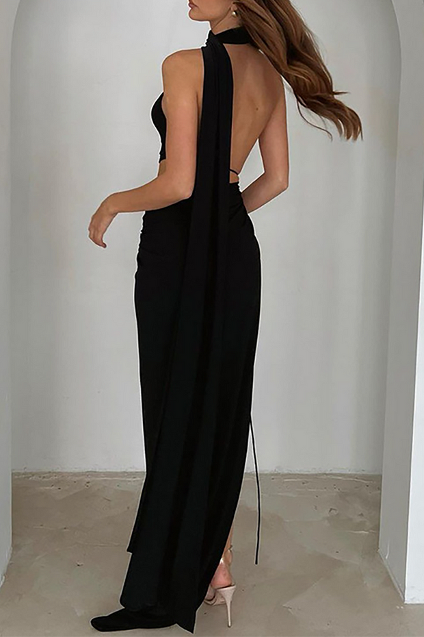 Cutout Slim Fit High Slit Halter Neck Backless Maxi Dresses-Black