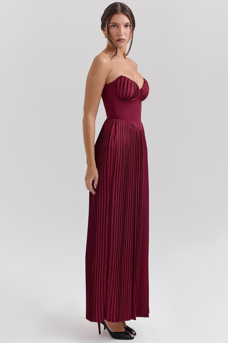 Strapless Cinch Waist Pleated Maxi Dresses