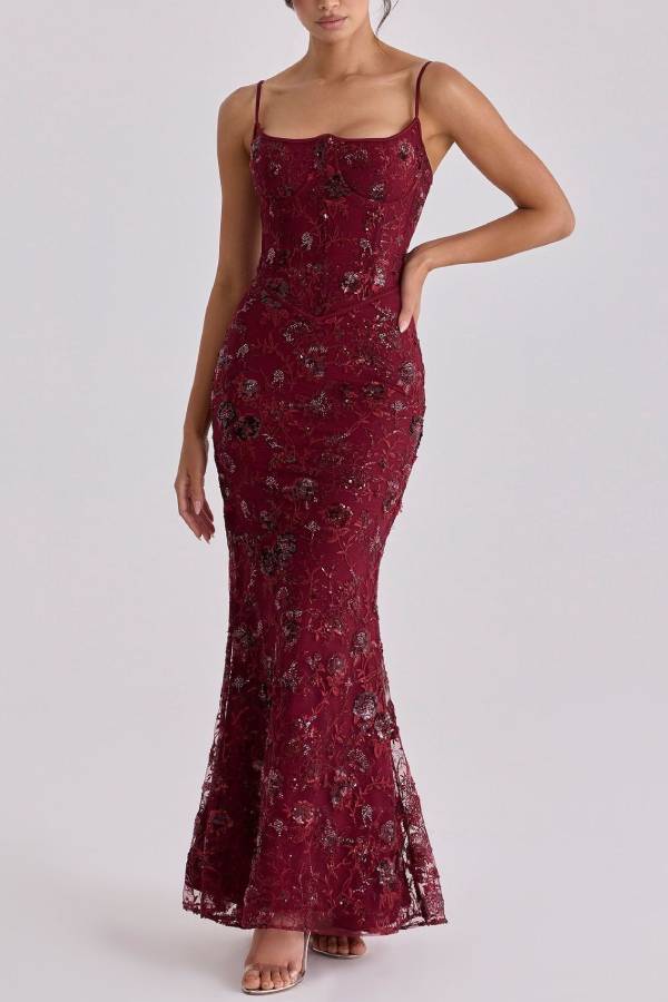 Heavy Beaded Embroidered Spaghetti Strap Mermaid Evening Gown