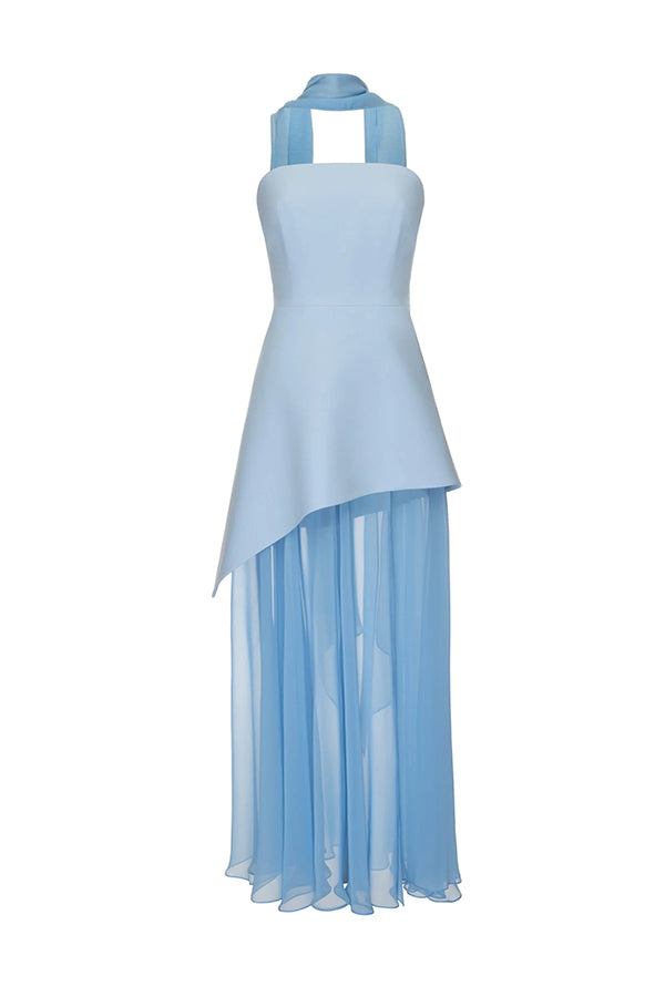 Monaco Off Shoulder Structured Top Chiffon Slit Hem Scarf Maxi Dress
