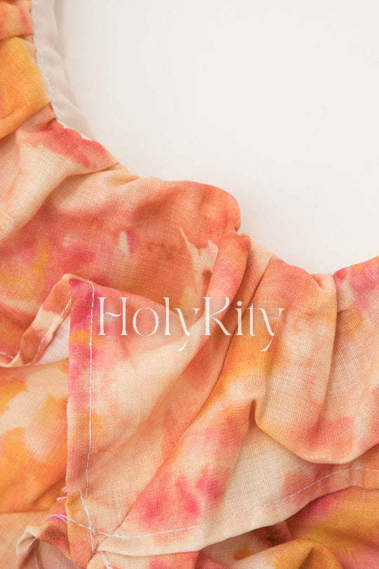 Maxikleid mit Blumenmuster, V-Ausschnitt, Rüschen und Bindeband hinten 