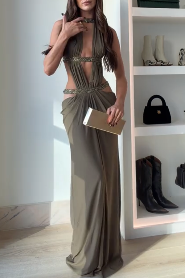 Khaki Hot-fix Rhinestone Shoulder Strap Cutout Design Backless Drape Maxi Dress