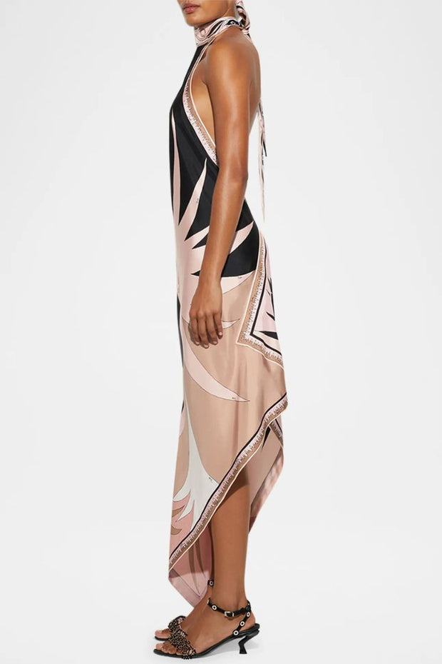 Satin Unique Print Halter Neck Backless Irregular Vacation Midi Dress