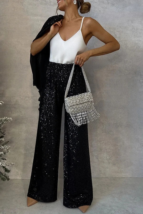 Party Scene Sequin High Rise Elastic Waist Wide Leg Pants