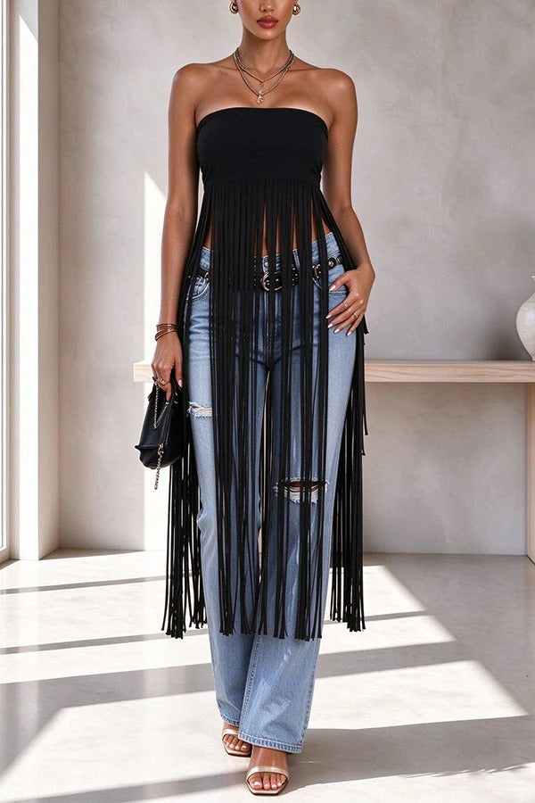 Western-style Faux Suede Solid Color Tassel Strapless Top