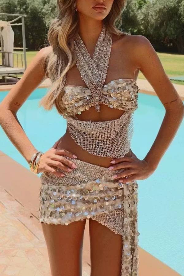 Sequin Mesh Halter Two Piece Set, Cutout Crop Top & Irregular Mini Skirt Party Outfit