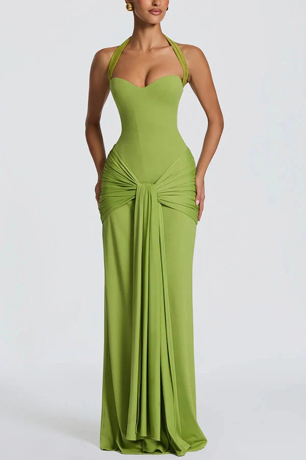 Gia Jersey Sweetheart Neck Detachable Mesh Halter Strap Draped Hem Maxi Dress