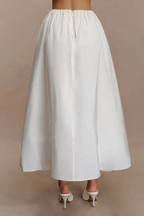 Greta Linen Blend Bra-style Gathered Long Sleeve Crop Shirt and Mid Rise Pocket Umbrella Skirt Set