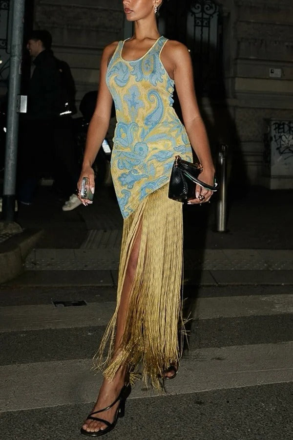 Unique Print Sleeveless Fitted Fringed Hem Maxi Dress