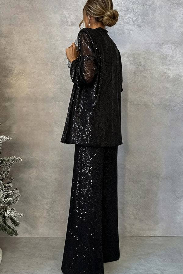 Party Scene Sequin Open Front Long Sleeve Drape Coat