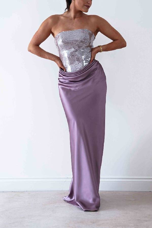 Strapless Sequin Satin Draped Mermaid Long Evening Gown