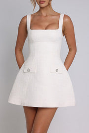 Square Neck Cinch Waist Faux Flap Pockets Mini Slip Dresses-White