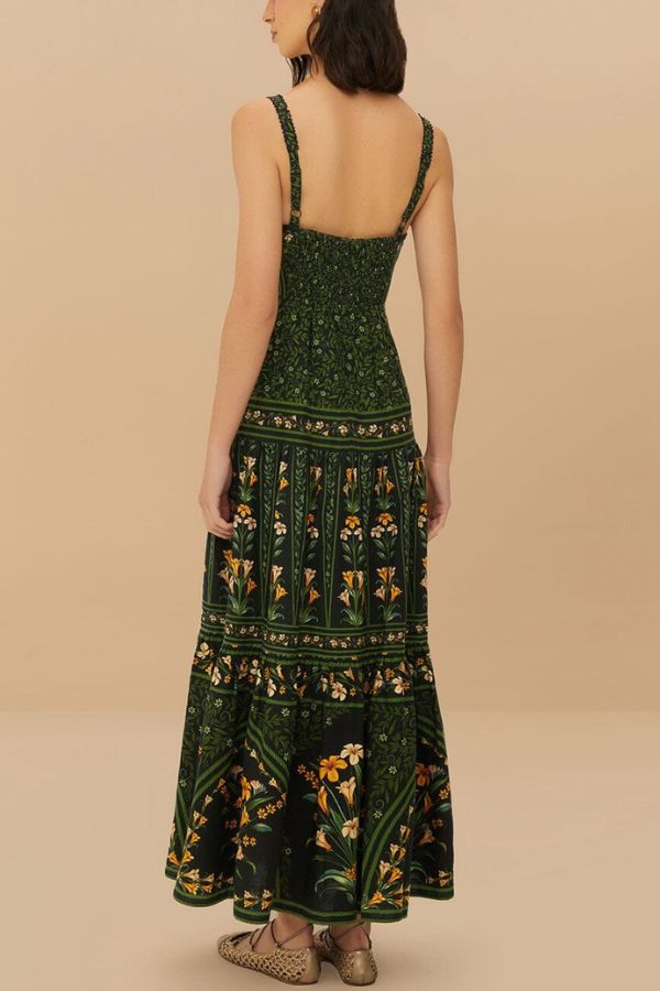 Tropical Look Linen Blend Floral Print Square Neck Back Smocked Midi Dress