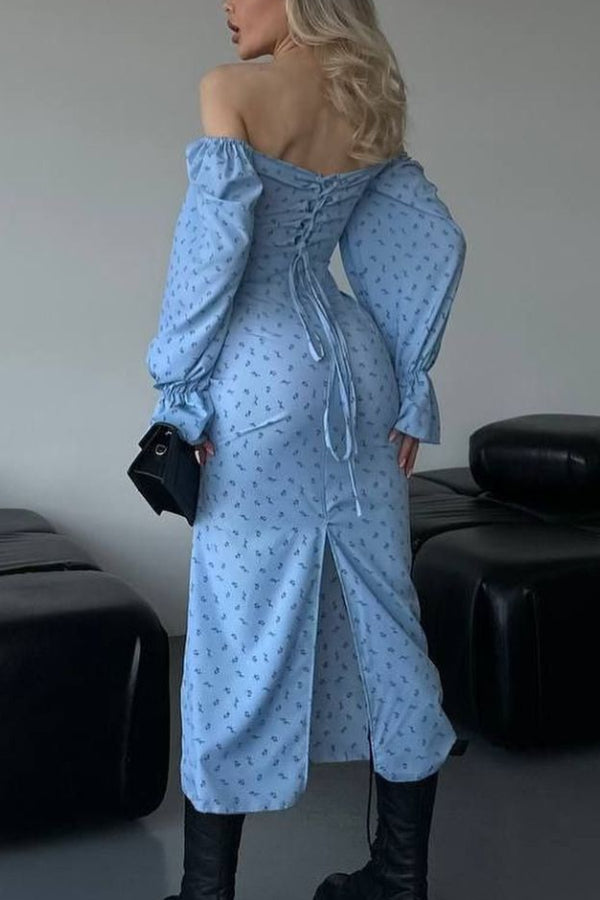 Floral Square Neck Tie-Up Trumpet Sleeve Midi Dress