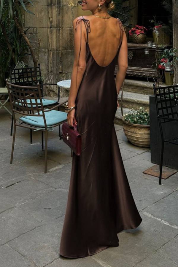 Dark Brown Satin Tie Strap Backless Maxi Dress