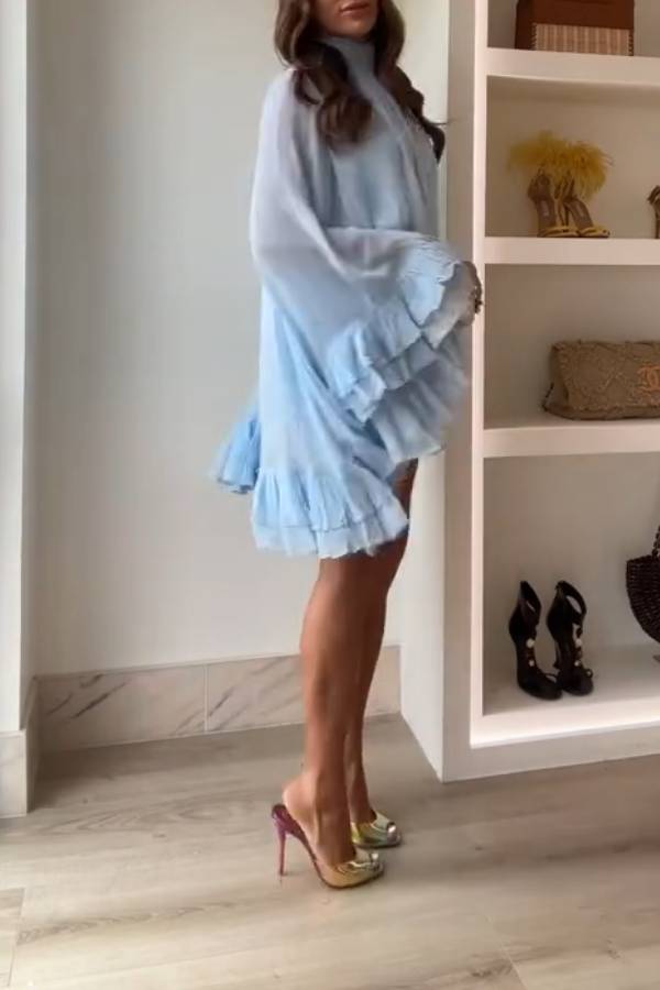 Solid Color Chiffon Trumpet Sleeve Loose Mini Dress