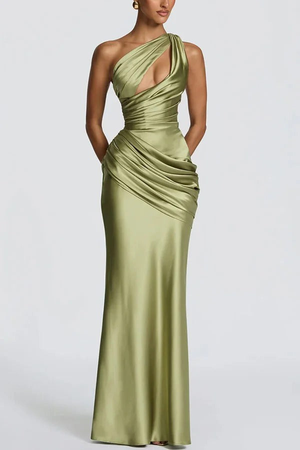 Emina Satin One Shoulder Asymmetrical Neck Cutout Back Lace-up Drape Maxi Dress