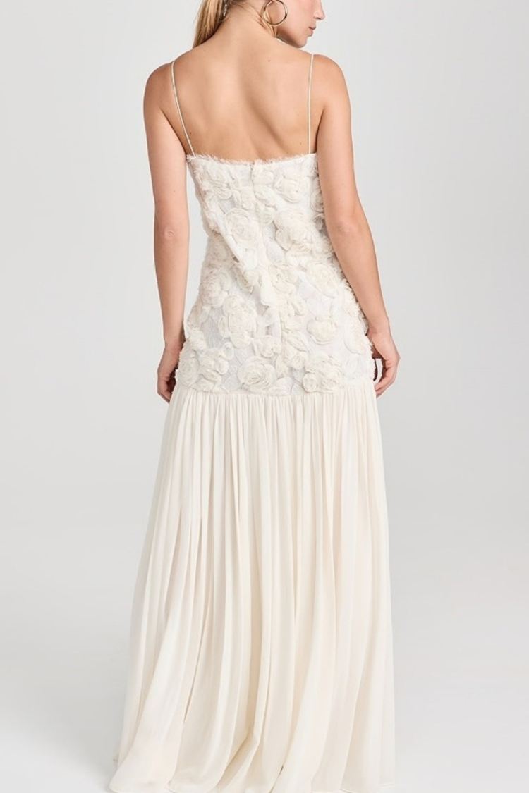 Indulge in Floral Applique Pleated Chiffon Hem Slip Maxi Dress