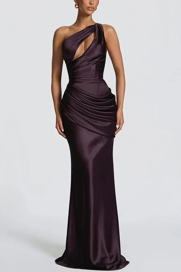 Emina Satin One Shoulder Asymmetrical Neck Cutout Back Lace-up Drape Maxi Dress