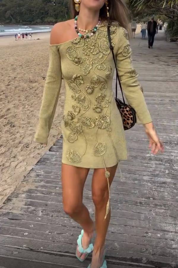 Olive Green 3D Floral Applique One Shoulder Long Sleeve Mini Dress