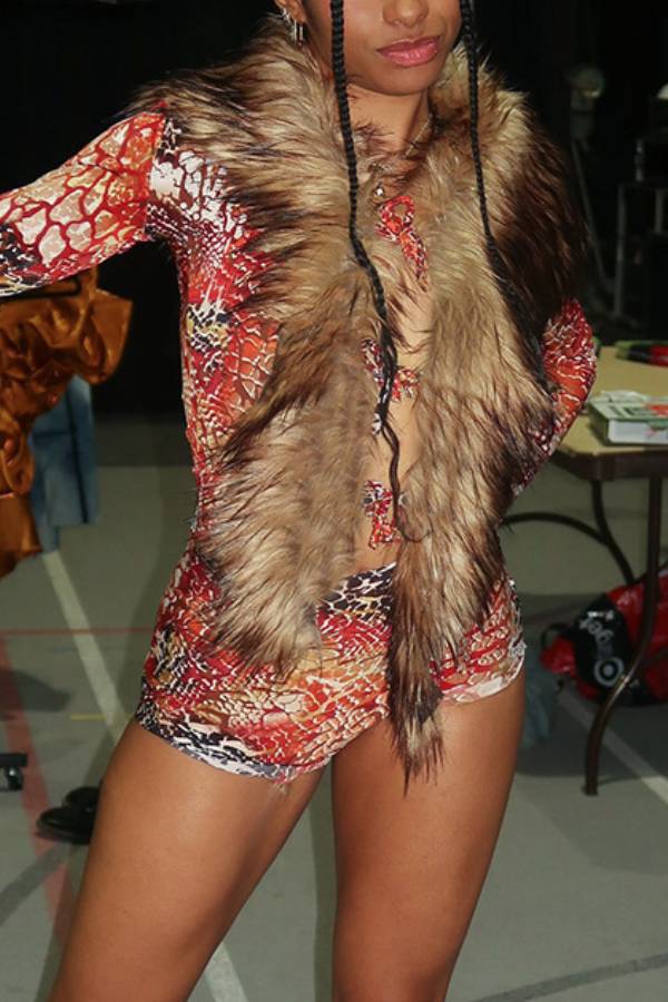 Snake Print Long Sleeve Romper & Faux Fur Vest 2 Piece Outfit