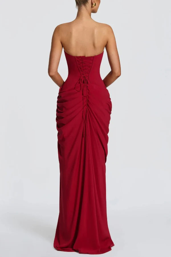 Cyra Chiffon Back Lace-up Asymmetrical Pleats Strapless Slit Maxi Dress