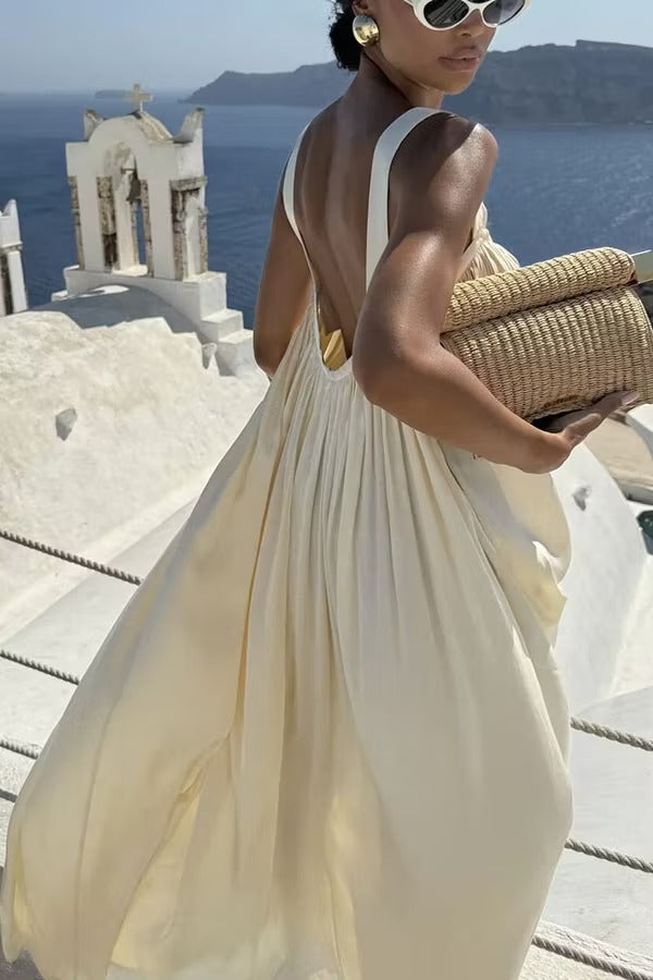 Pearlescent Luster Satin Wide Strap Open Back Loose Maxi Dress
