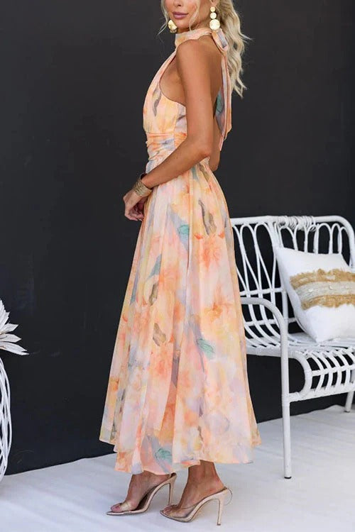 Halter Open Back Waisted Beck Print Maxi Dress