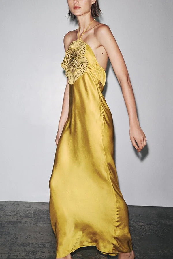 Fashionable Beaded Large Flower Decoration Halter Neck Backless Maxi Dress