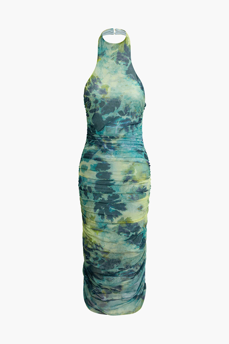 Robe midi froncée en maille tie-dye à col licou 