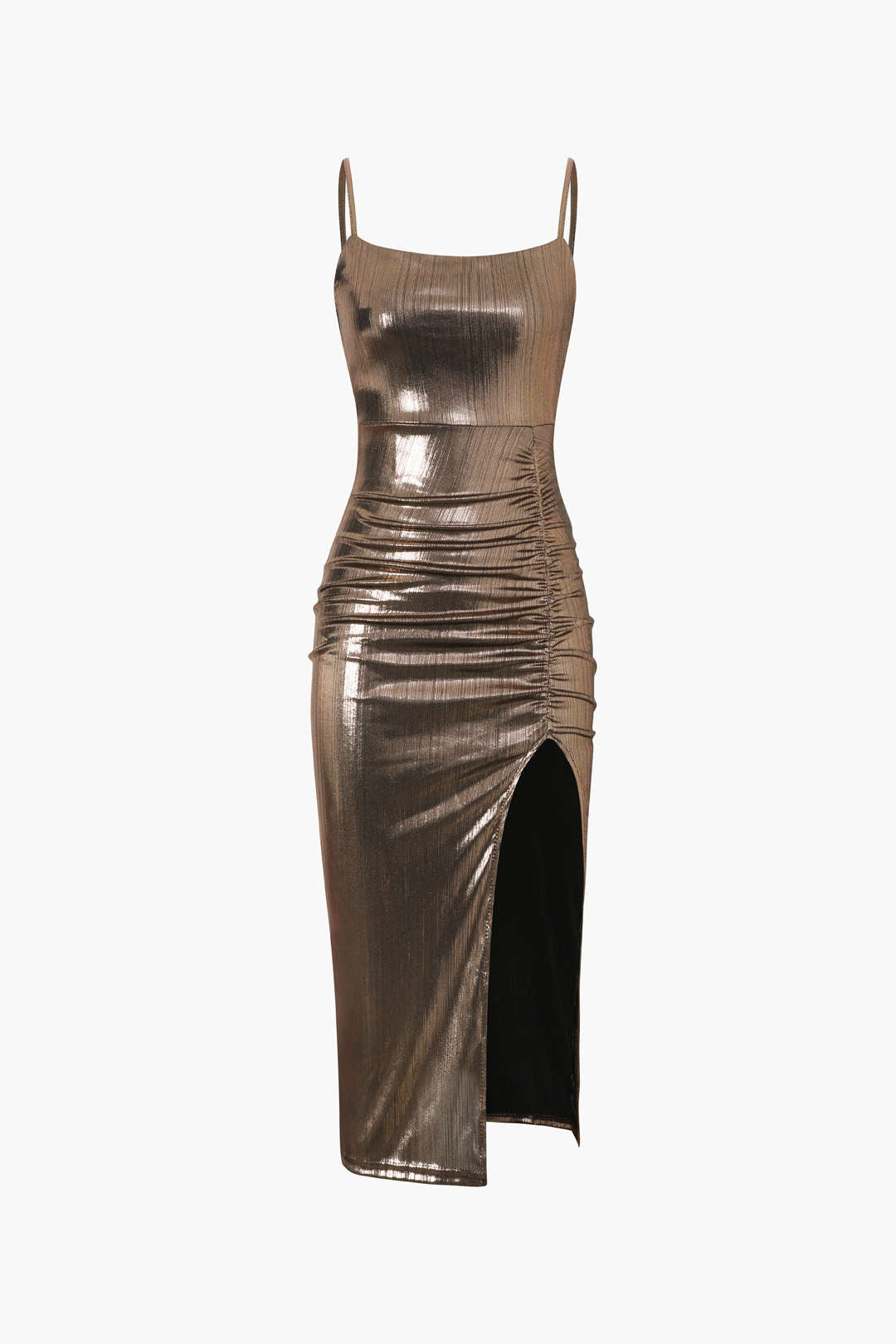 Robe midi fendue froncée métallisée 