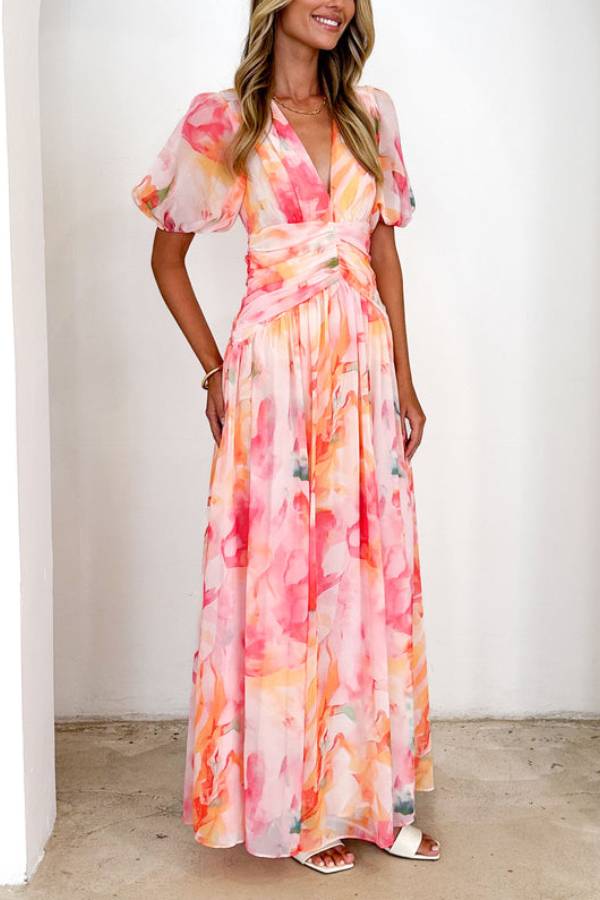 V Neck Puff Sleeves Ruched Waist Printed Maxi Dress
