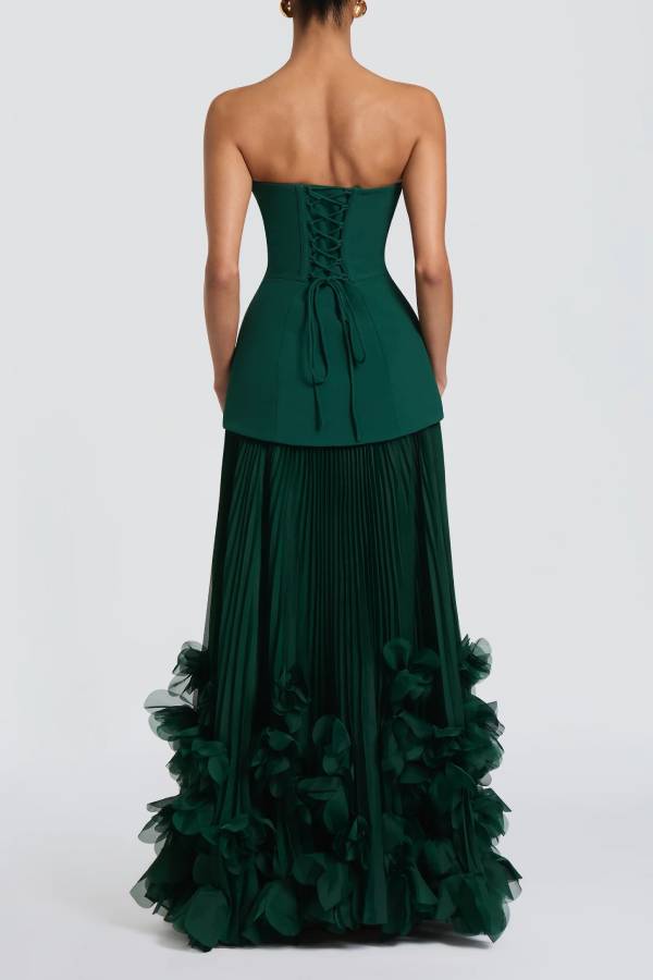 Serafina Strapless Back Lace-up Handcrafted Floral Appliqués Pleated Hem Gown Maxi Dress
