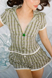 Frilled Trim Plaid Print V Neck Short Sleeve Blouse Shorts 2pcs Set