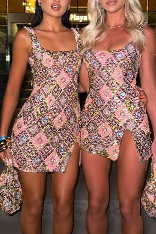 Square Neck Sleeveless Sequin Floral Print Side Slit Bodycon Mini Dress