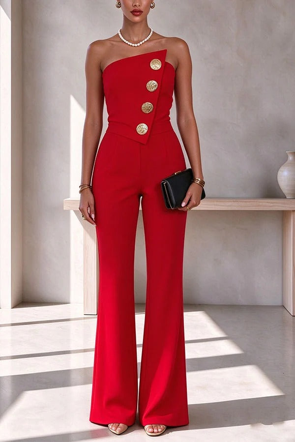 Sexy Strapless Button Embellished Flared Leg Jumpsuit
