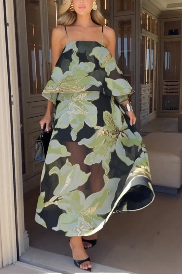 Effortlessly Romantic Floral Print Tiered Slip Square Neck A-line Maxi Dress