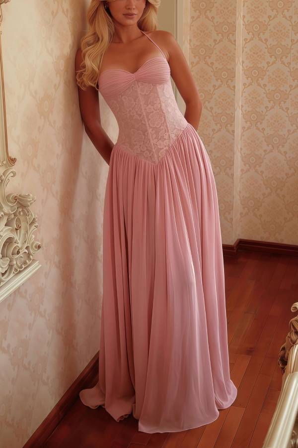 Lace Corset Halter Long Evening Dress