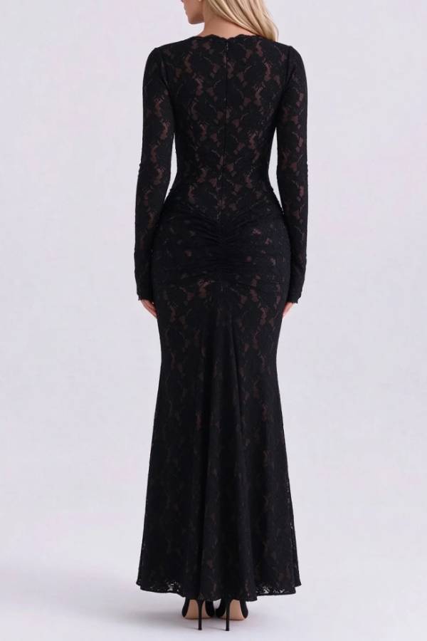 Black Lace Deep Plunge V-Neck Long Sleeve Ruched Bodycon Maxi Evening Dress