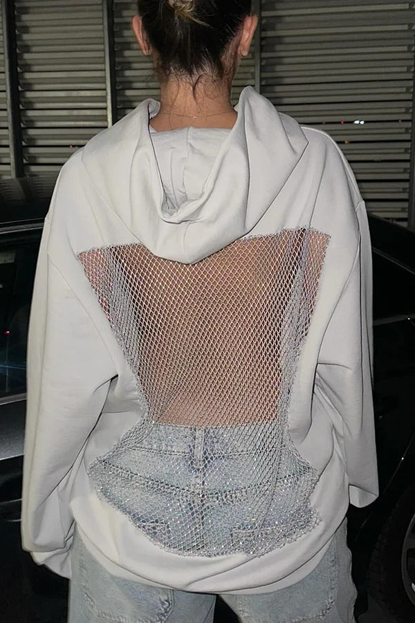 Fashionable Shiny Mesh Hollow Back Loose Long-sleeved Hooded Sweatshirt