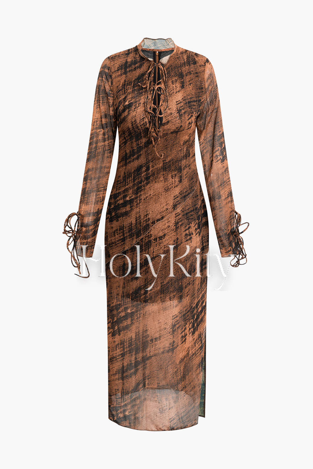 Maxikleid mit abstraktem Print und Schnürung und langen Ärmeln 