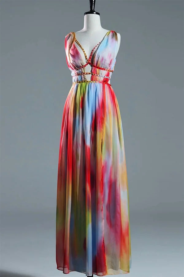 Eileen Tie-dye Print Exquisite Jewelry Ribbon Decoration Strapless Slit Maxi Dress