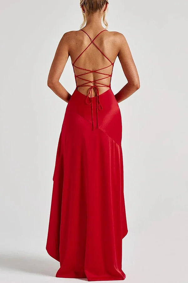 Solid Color Sexy Backless Lace-up Irregular Ruffled Maxi Dress