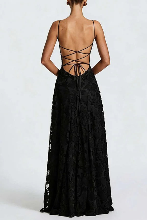Francis Custom Floral Burnout Fabric Cowl Neck Back Lace-up Maxi Dress