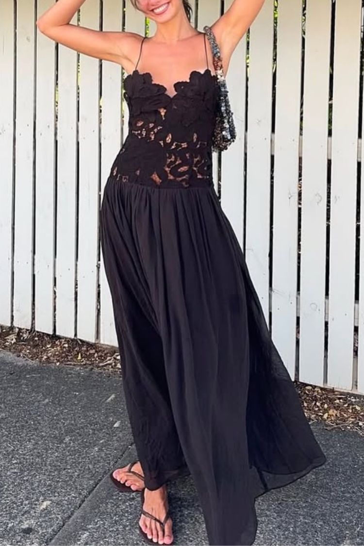 Stephanie Flower Crochet Lace Bust Chiffon Fluffy Hem Maxi Dress