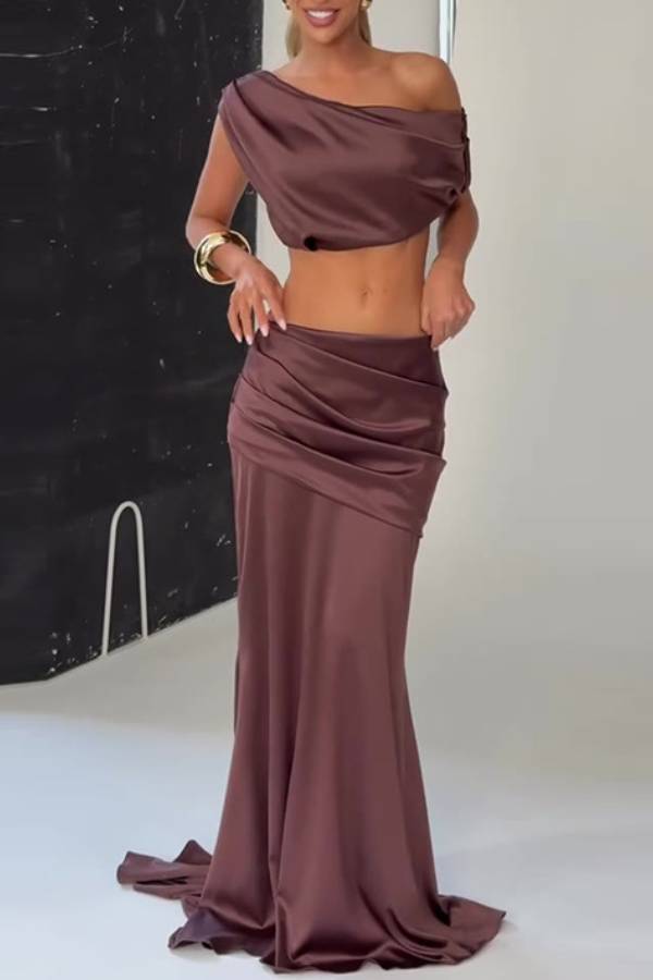 Off-the-shoulder satin crop top and fishtail skirt set